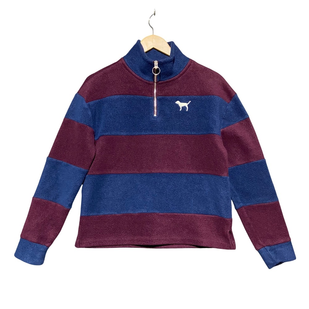 PINK‎ Victoria's Secret XS Rugby Striped Quarter Zip Polar Fleece Pullover Comfy